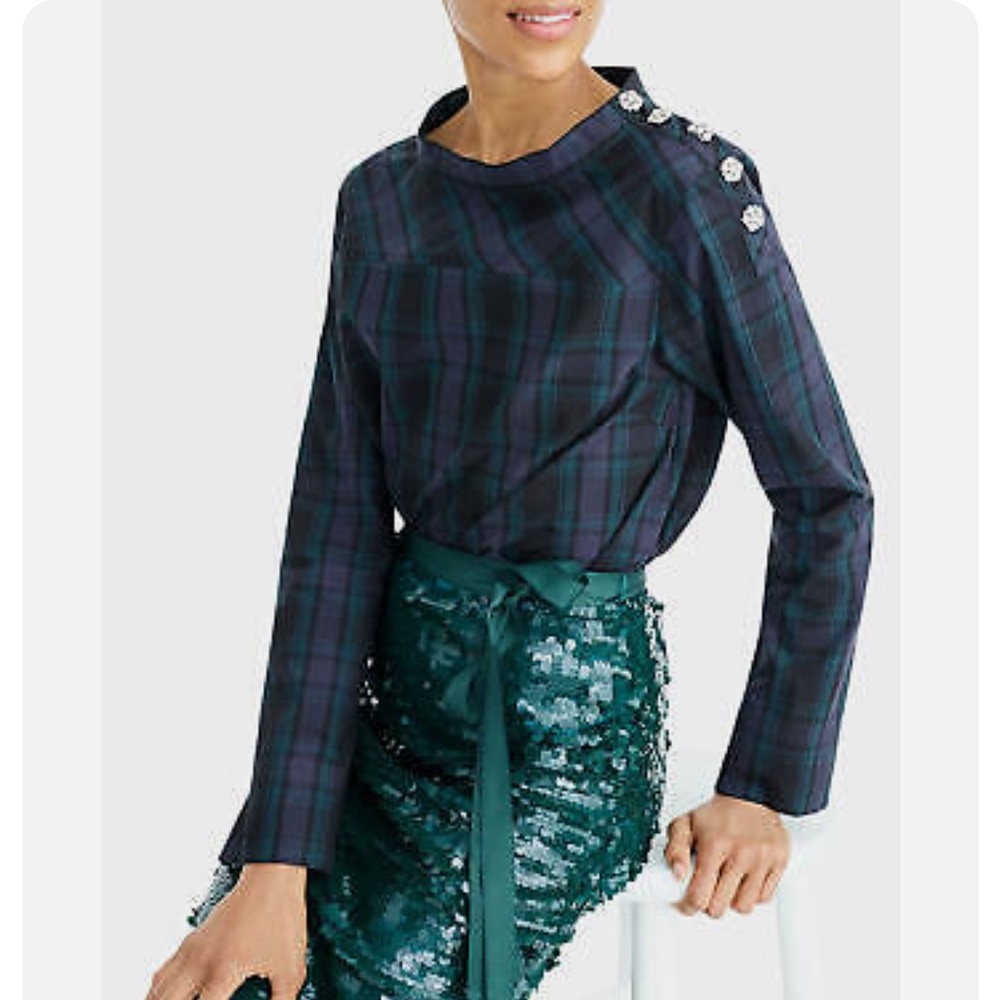 J.Crew Tartan Boat Neck Jeweled Top